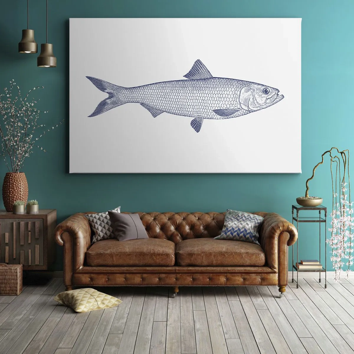 Vászonkép - Egy hal illusztrációja kék árnyalatokban világos háttér előtt - 70x50cm - Üdvözlet az északi tengerektől - Modern fali dekoráció nappalihoz és hálószobához ARTTOR