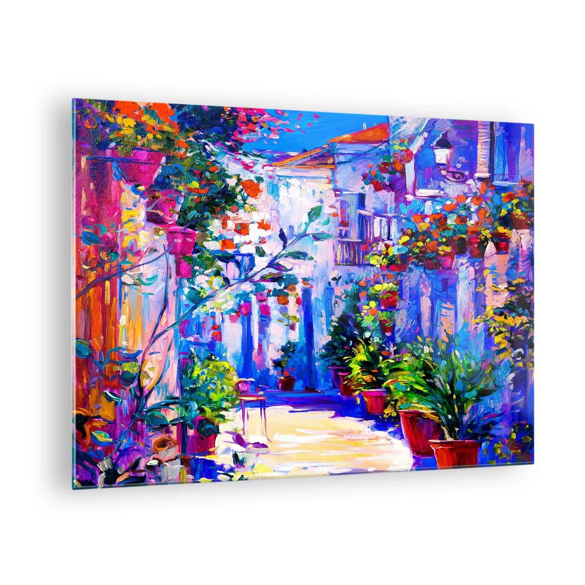 Üveg kép - Egy színes utca virágzó növényekkel és fénnyel - 70x50cm - Impresszió - olasz kis utca - Modern fali dekoráció nappalihoz és hálószobához ARTTOR