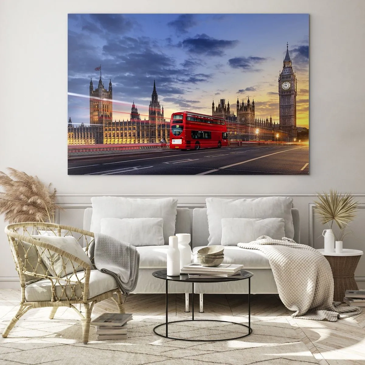 Üveg kép - Big Ben és a piros busz Londonban naplementekor - 70x50cm - Speciális karakterek - Modern fali dekoráció nappalihoz és hálószobához ARTTOR