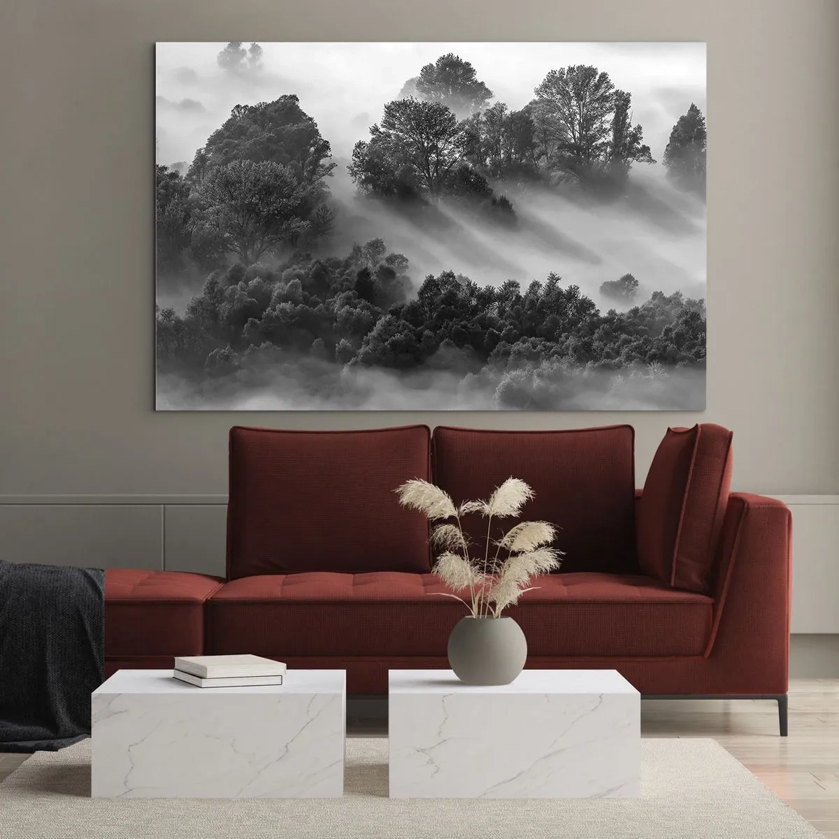 Üveg kép - Ködös erdő a napfényben, fekete-fehérben - 70x50cm -  Az álomból felkelő - Modern fali dekoráció nappalihoz és hálószobához ARTTOR