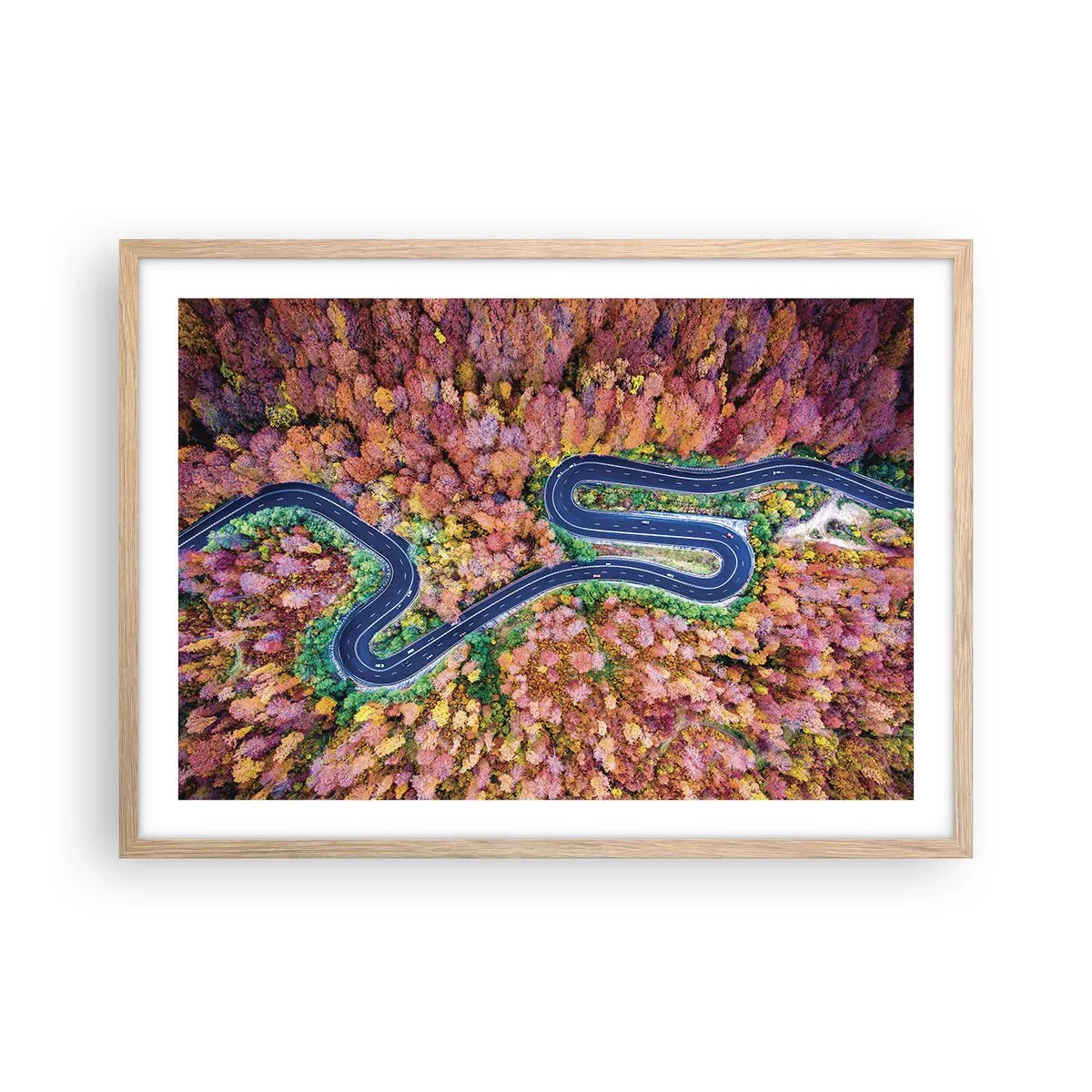 Poszter világos tölgy keretben - Kanyargós út az erdőn keresztül - 70x50 cm