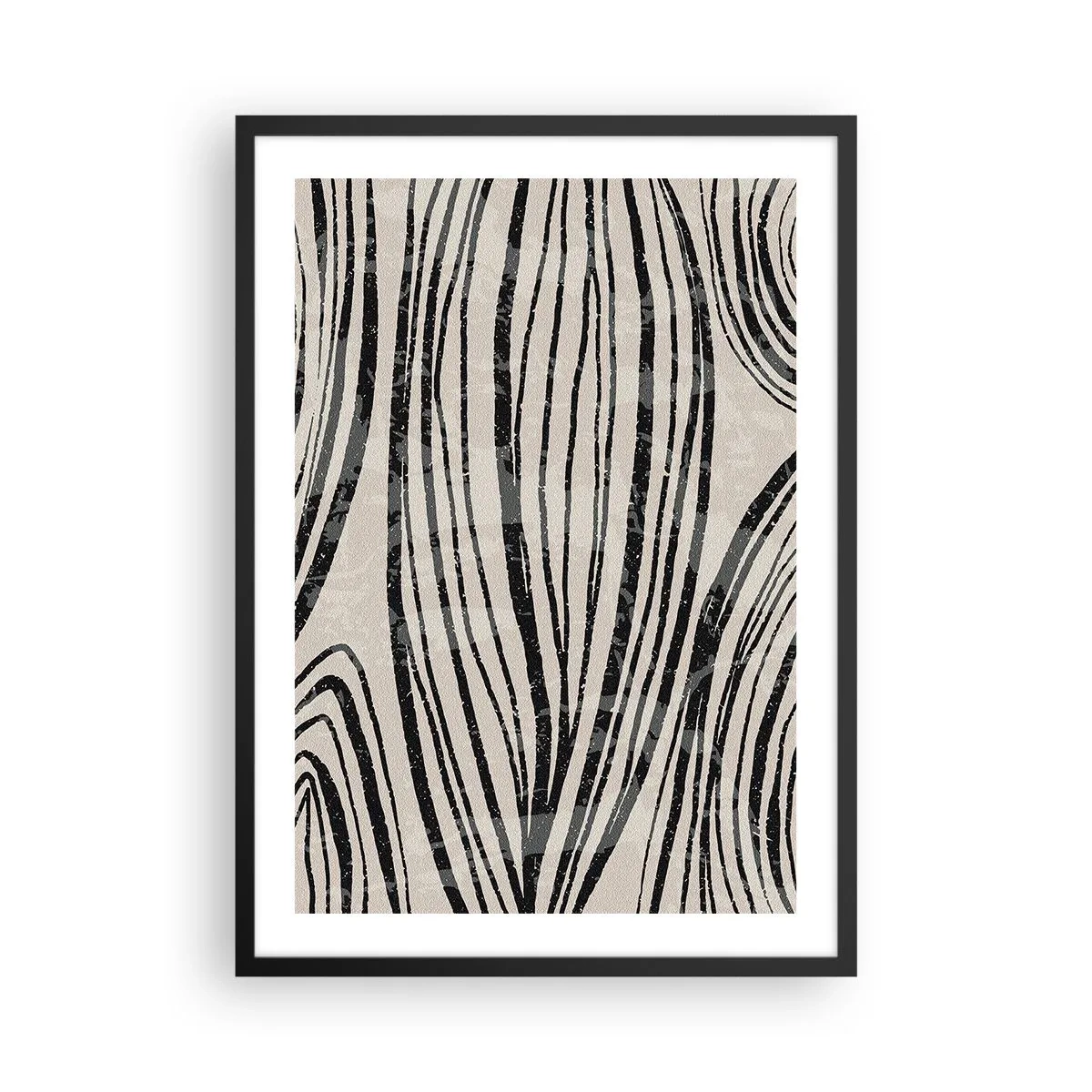 Poszter fehér keretben - Absztrakt fekete vonalak bézs háttéren - 50x70cm - Vonalak csobbanása - Modern fali dekoráció nappalihoz és hálószobához ARTTOR