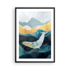 Poszter fehér keretben - Egy absztrakt bálna lebeg az arany hullámok között. - 50x70cm - Észak hűvös szépsége - Modern fali dekoráció nappalihoz és hálószobához ARTTOR