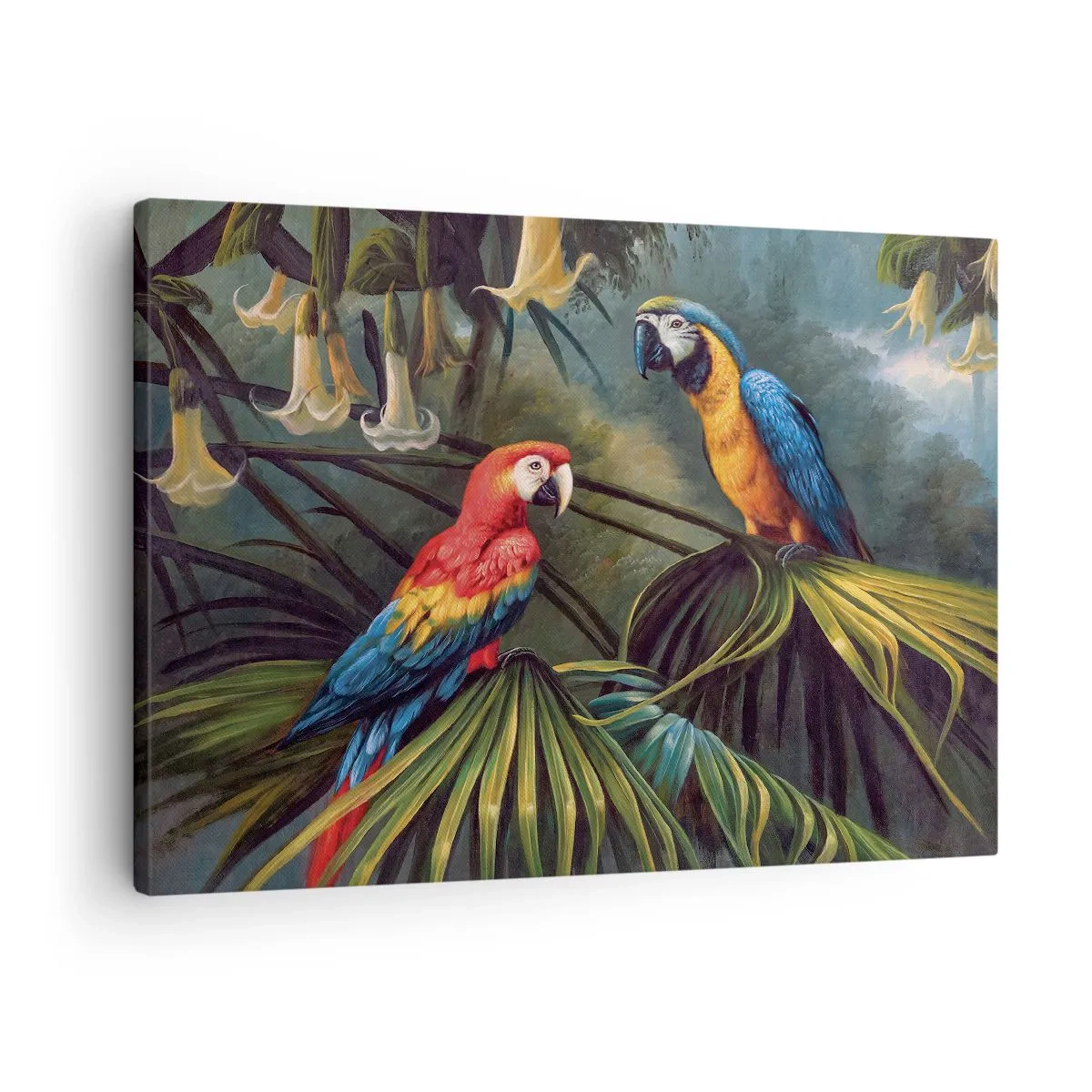 Vászonkép - Papagájok egy trópusi erdőben, egzotikus virágokkal a háttérben - 70x50cm - Romantika a trópusokon - Modern fali dekoráció nappalihoz és hálószobához ARTTOR