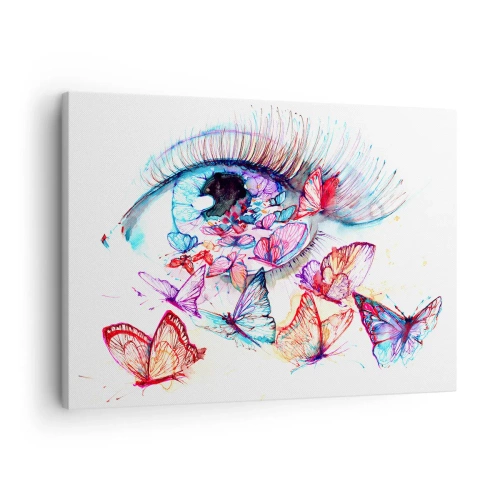 Vászonkép - Egy akvarell szem, színes pillangókkal körülvéve - 70x50cm - Mesebeli szemek varázsa - Modern fali dekoráció nappalihoz és hálószobához ARTTOR
