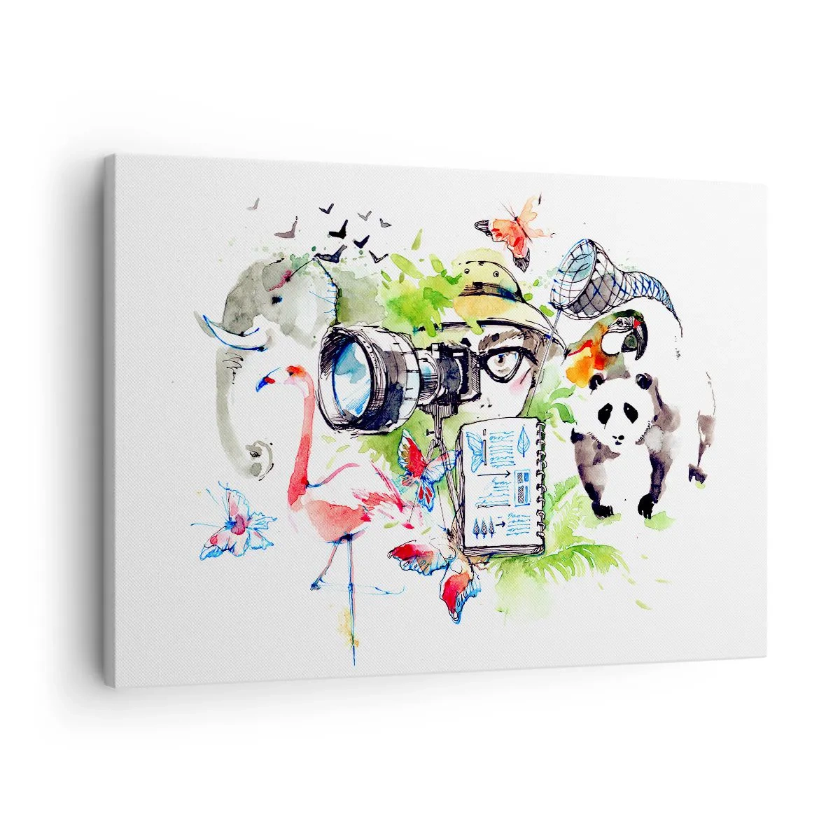 Vászonkép - Színes grafika természettel és szafari témákkal - 70x50cm - Az utazó lencséjében - Modern fali dekoráció nappalihoz és hálószobához ARTTOR