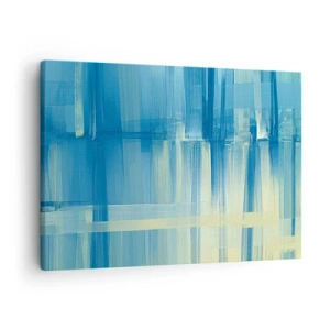 Vászonkép - Egy absztrakt festmény türkiz és kék árnyalatokban, geometrikus ecsetvonásokkal. - 70x50cm - Kompozíció türkizkékben - Modern fali dekoráció nappalihoz és hálószobához ARTTOR