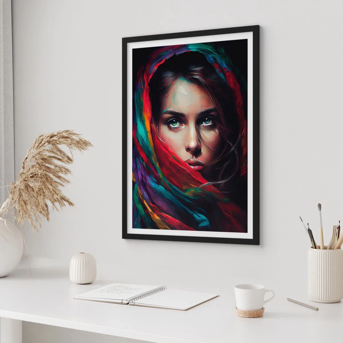 Poszter fehér keretben - Portré egy nőről színes sálban - 50x70cm - Zöld szemű rejtély - Modern fali dekoráció nappalihoz és hálószobához ARTTOR