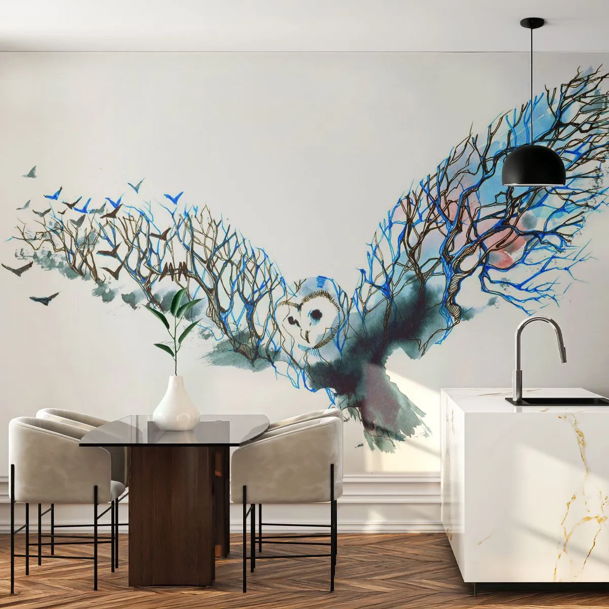Fotótapéta Premium Canvas - Az erdő szárnyain - Absztrakció, Bagoly, Madár - 500x350 cm