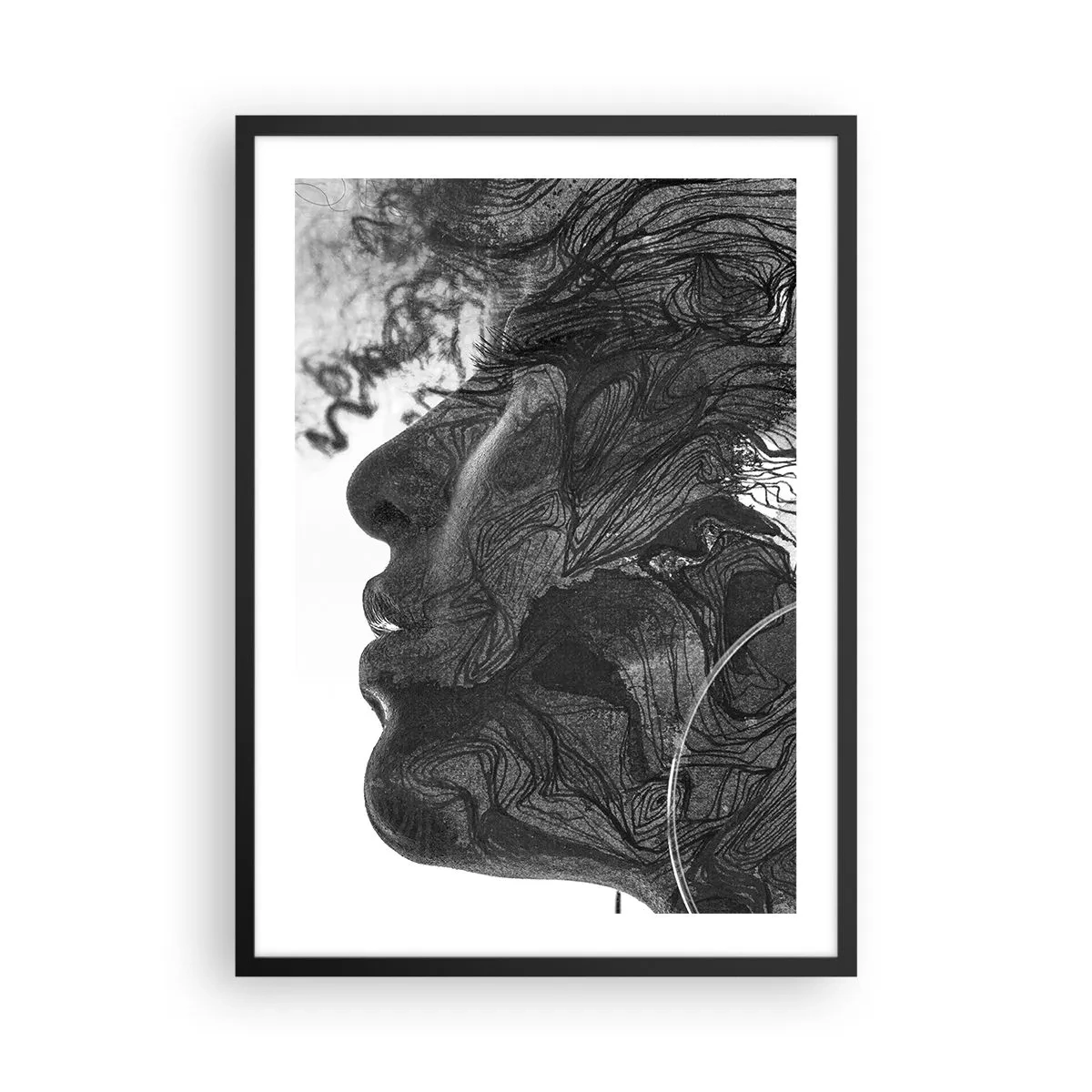 Poszter fehér keretben - Női arc profilja absztrakt mintákkal és részletekkel - 50x70cm - Álmokba gabalyodva - Modern fali dekoráció nappalihoz és hálószobához ARTTOR