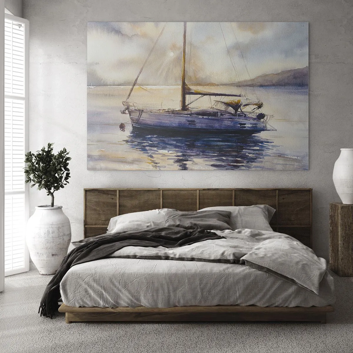 Üveg kép - Egy jacht kikötve egy csendes öbölben alkonyatkor - 70x50cm - Este az öbölben - Modern fali dekoráció nappalihoz és hálószobához ARTTOR
