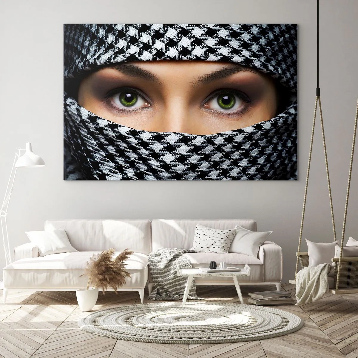 Üveg kép - Zöld szemek, fekete-fehér mintával körülvéve - 70x50cm - Egy fátyolos zöld szemű szépség portréja - Modern fali dekoráció nappalihoz és hálószobához ARTTOR
