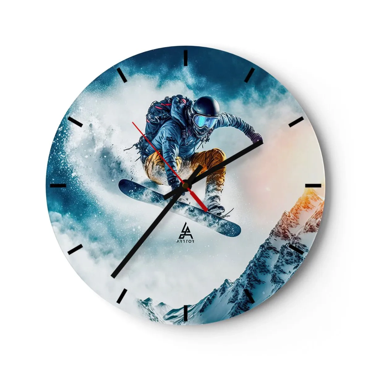 Falióra, Óra - Egy snowboardos repülés közben, hegyek és hóvihar hátterében. - 30x30cm - Extrém érzelmek - Modern fali dekoráció nappalihoz, konyhához és hálószobához ARTTOR