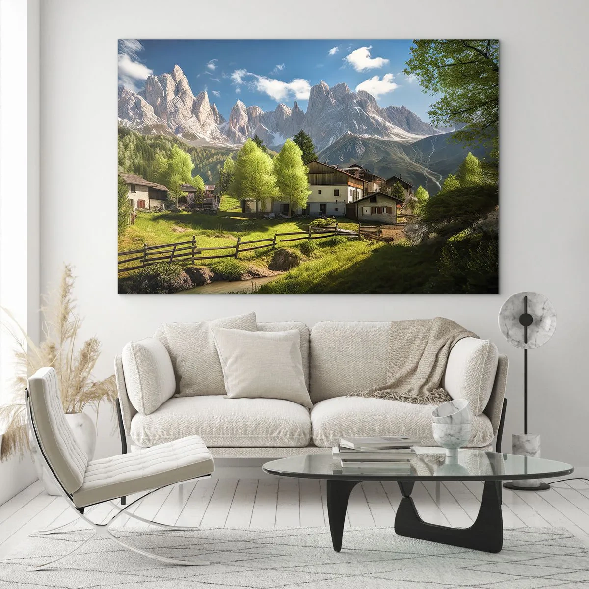 Üveg kép - Vidéki fejlesztés zöldövezetben az alpesi csúcsok lábánál - 70x50cm - Alpesi idill - Modern fali dekoráció nappalihoz és hálószobához ARTTOR