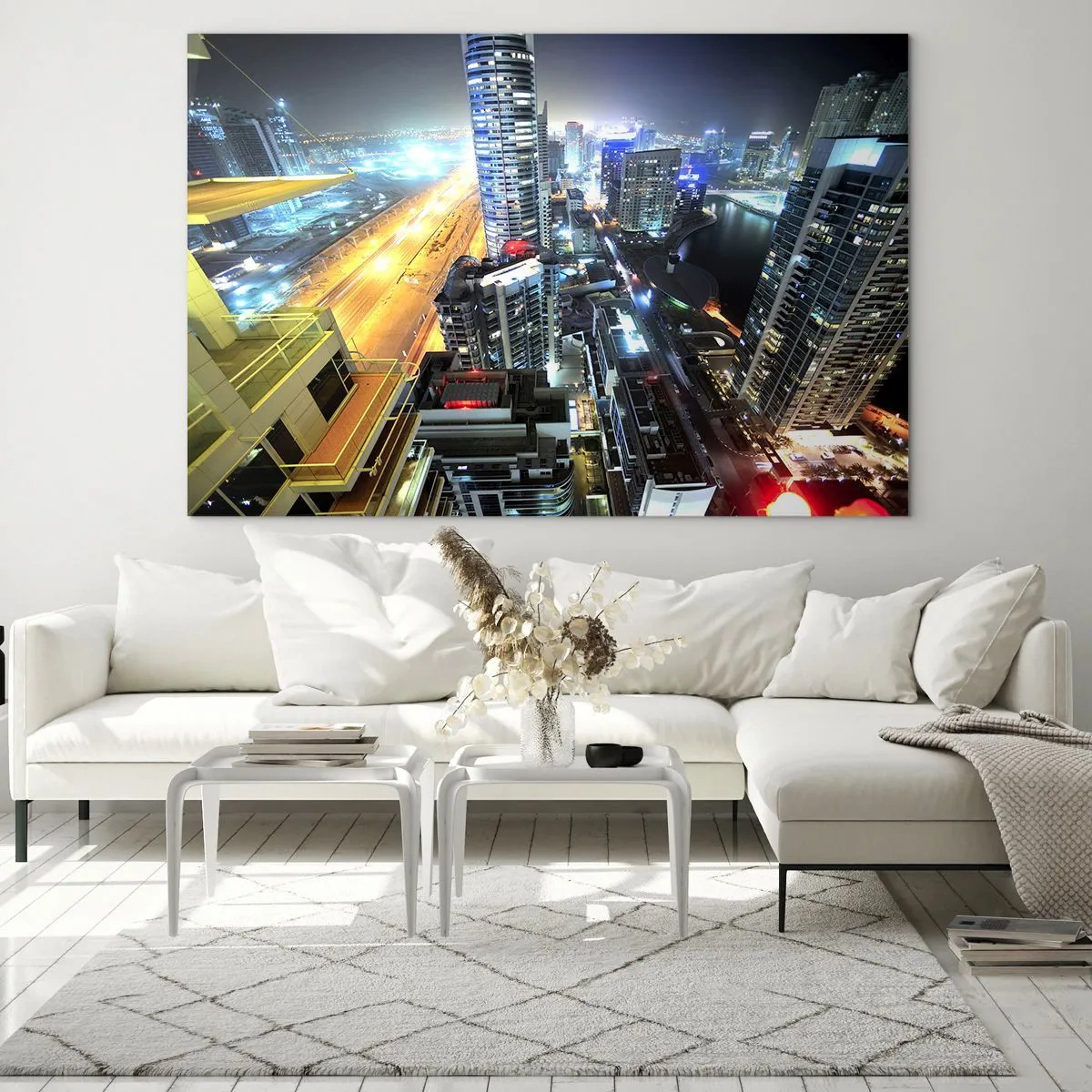 Üveg kép - Az éjszakai város panorámája kivilágított felhőkarcolókkal - 70x50cm - Csoda a sivatagban - Modern fali dekoráció nappalihoz és hálószobához ARTTOR
