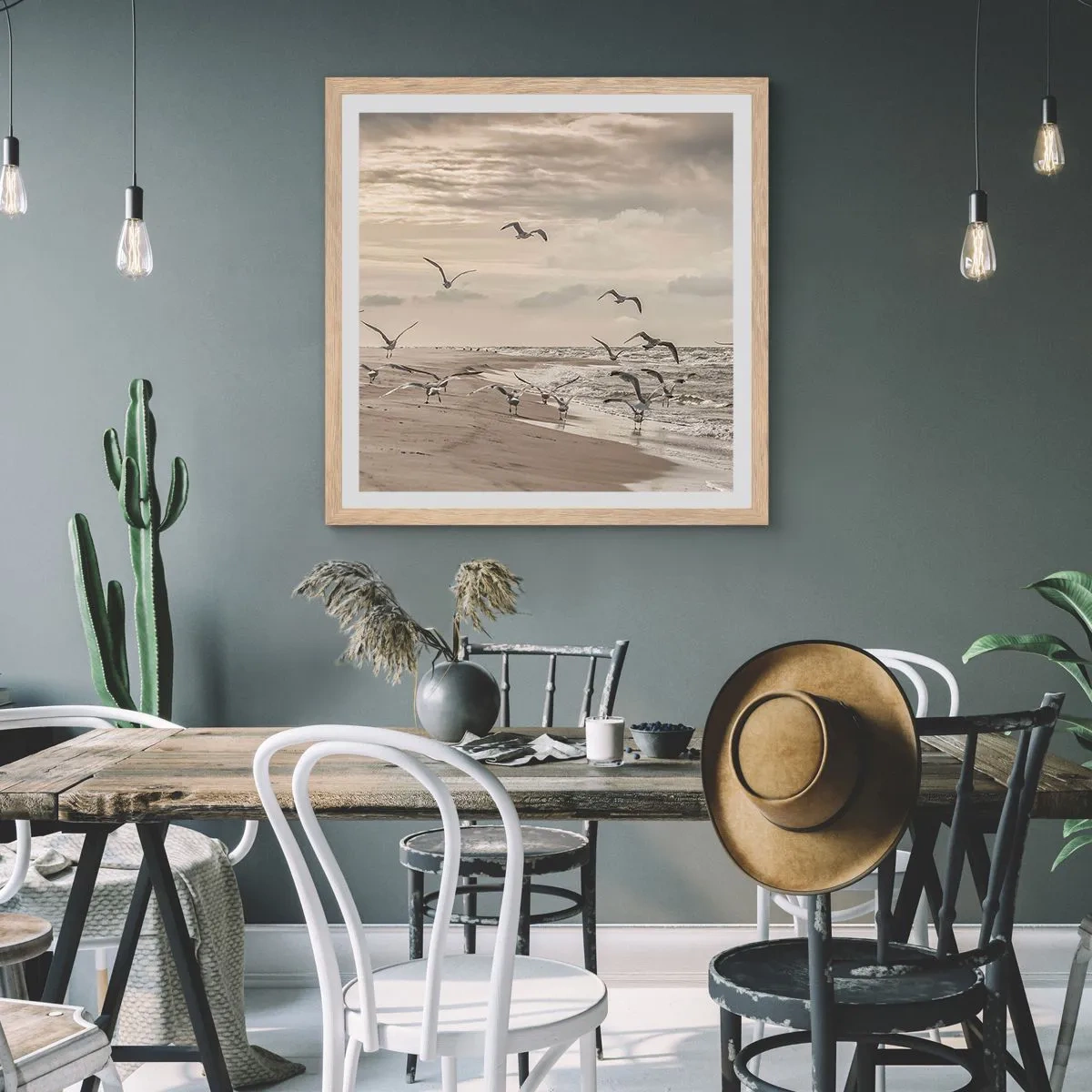 Poszter világos tölgy keretben - A tenger hangja, a madarak éneke - 50x50 cm