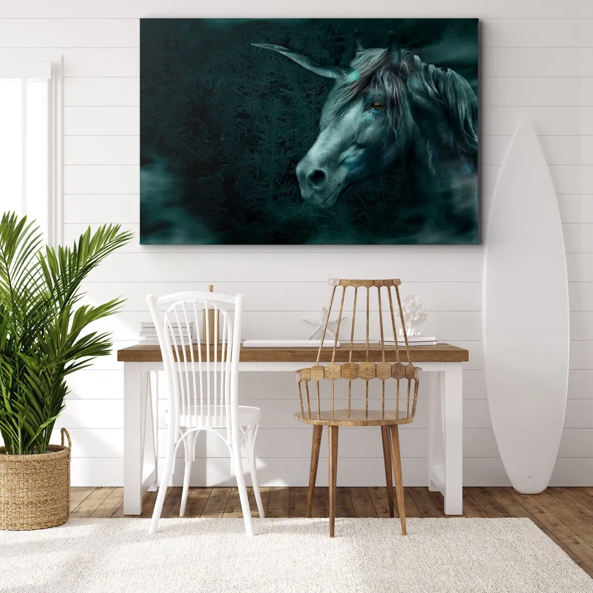 Vászonkép - Egy varázslatos unikornis egy titokzatos, sötét erdőben, fantáziaszínekkel. - 70x50cm - Mesebeli erdőben - Modern fali dekoráció nappalihoz és hálószobához ARTTOR
