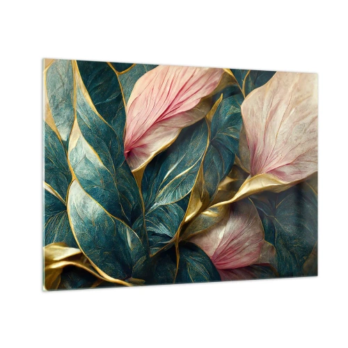 Üveg kép - Zöld és rózsaszín levelek arany díszítéssel - 70x50cm - Természetes elegancia és stílus - Modern fali dekoráció nappalihoz és hálószobához ARTTOR