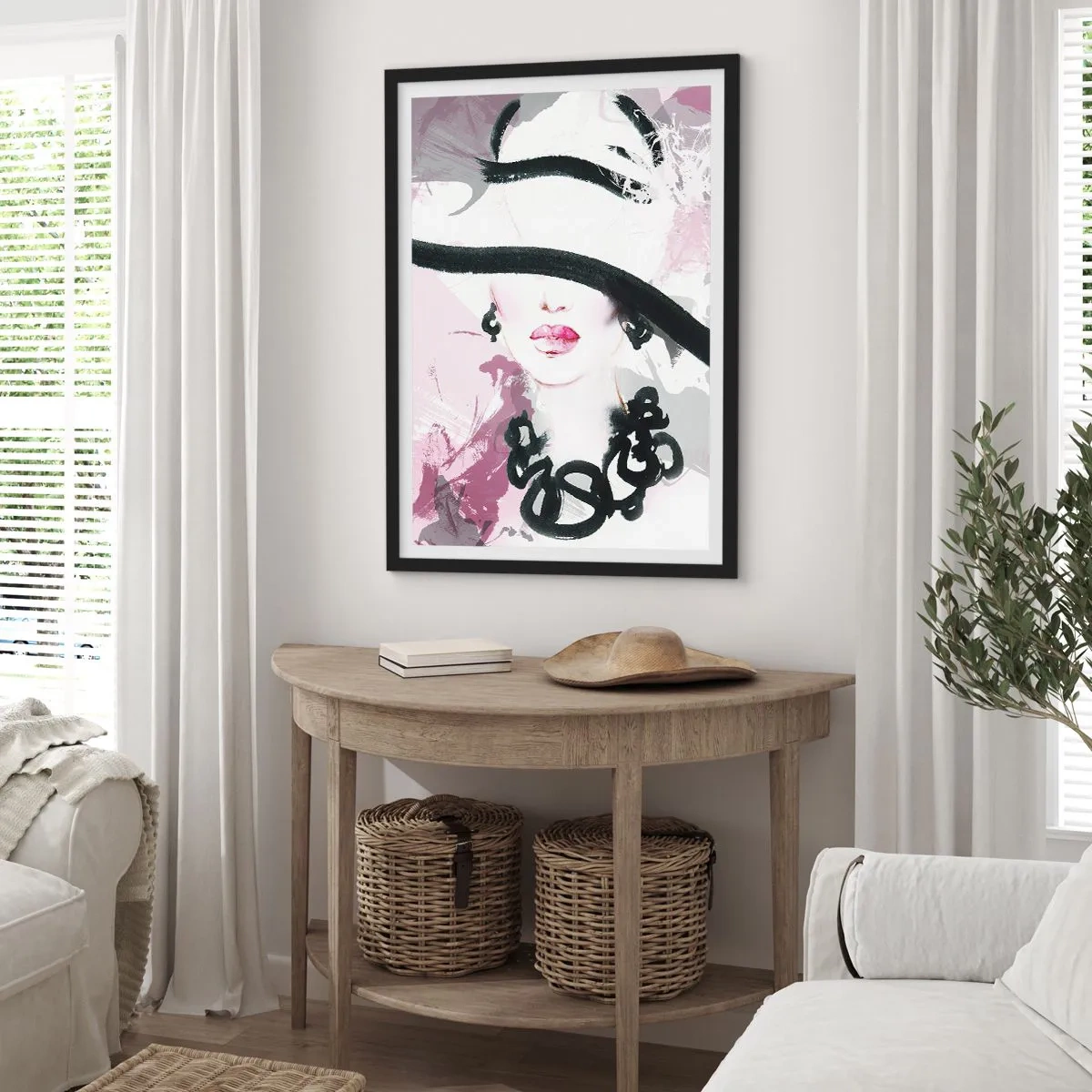 Poszter fehér keretben - Fekete és rózsaszín hölgy portréja - 61x91 cm