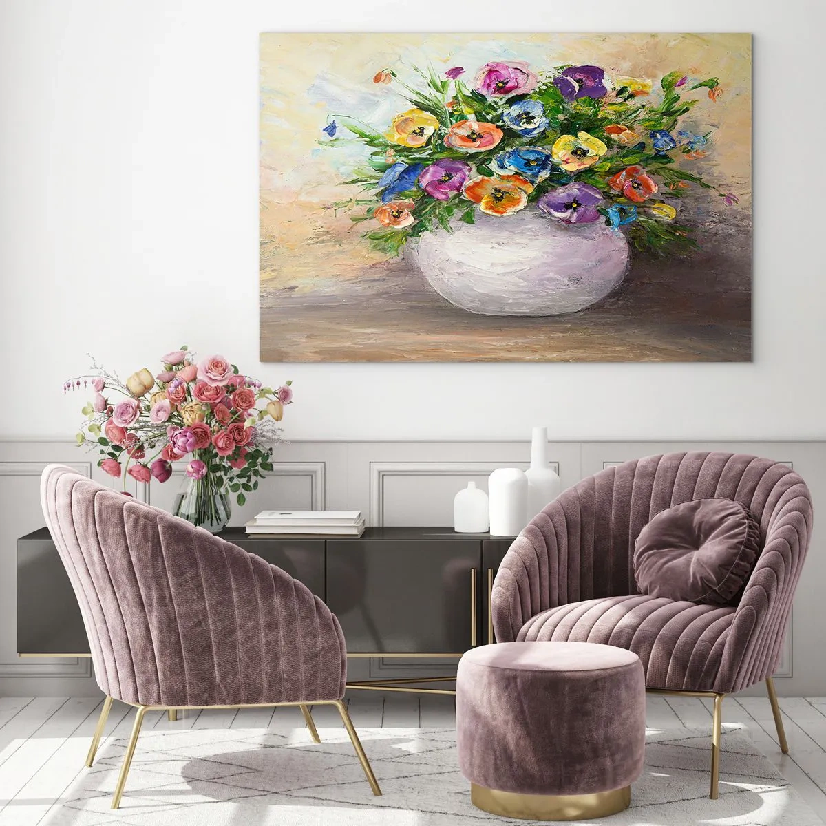 Üveg kép - Egy csokor színes virág fehér vázában - 70x50cm - Csendélet fehér vázával - Modern fali dekoráció nappalihoz és hálószobához ARTTOR