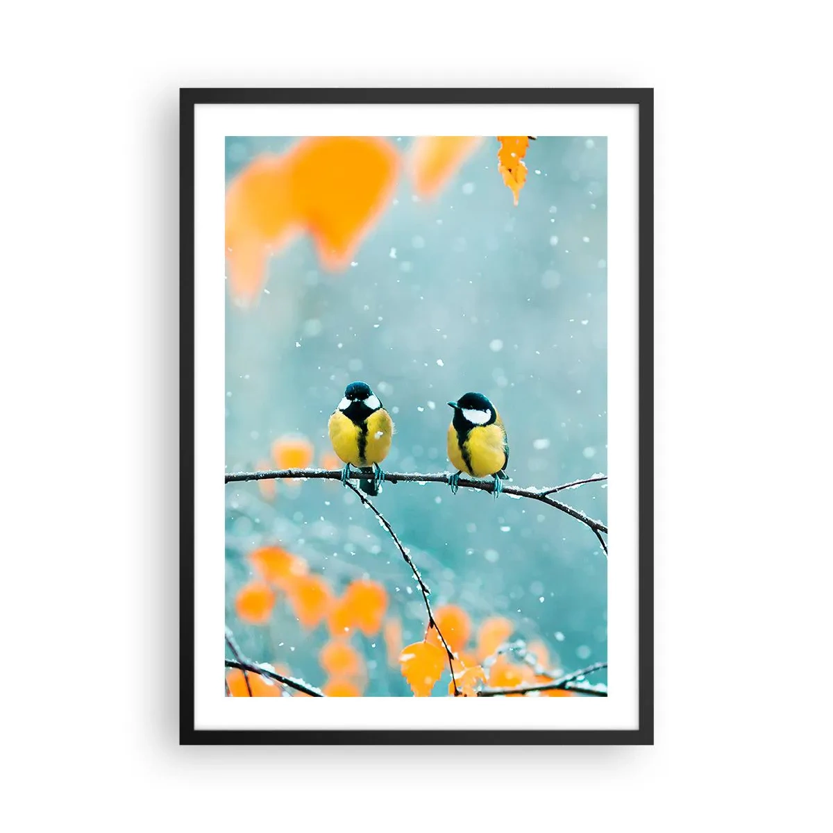 Poszter fehér keretben - Két cinegék ülnek egy ágon téli tájban - 50x70cm - Madárpletykák - Modern fali dekoráció nappalihoz és hálószobához ARTTOR