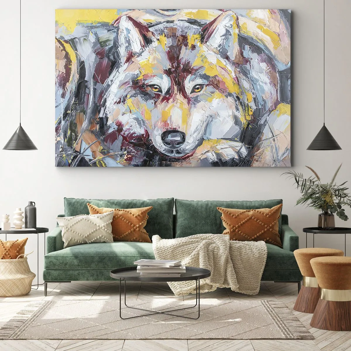 Vászonkép - Művészi portré egy farkasról intenzív színekben - 70x50cm - Nyugalom a szeretteink között - Modern fali dekoráció nappalihoz és hálószobához ARTTOR