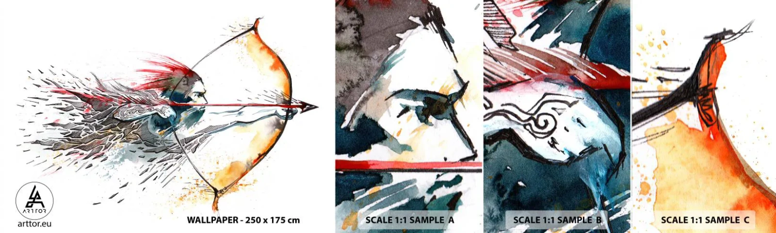 Fotótapéta Minta Standard Eco - Mitikus harcos tüzes íjjal - Absztrakció, Fegyveres, Bow Shot - 100x30 cm