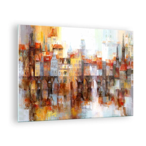 Üveg kép - Színes városi panoráma egy híddal és a vízben tükröződéssel - 70x50cm - A híd alatt is gyönyörű - Modern fali dekoráció nappalihoz és hálószobához ARTTOR