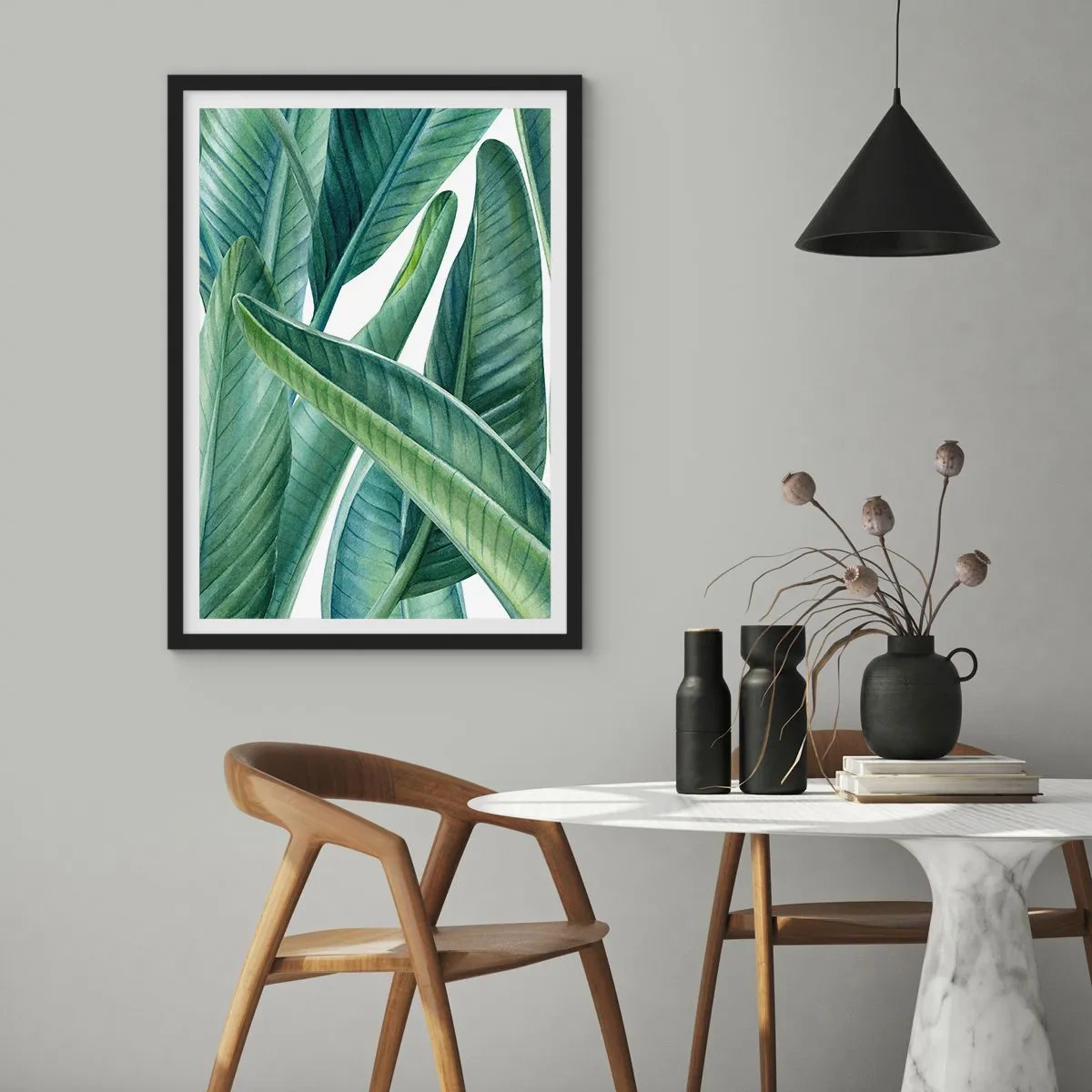 Poszter fehér keretben - Zöld banánlevelek akvarell stílusban - 50x70cm - Zöld önmagában - Modern fali dekoráció nappalihoz és hálószobához ARTTOR