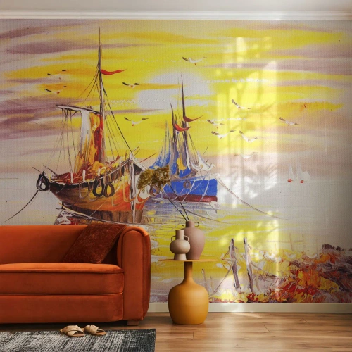 Fotótapéta Premium Canvas - Megérdemelt pihenés a kikötőben - Halászhajó, Halászat, Madarak - 350x256 cm