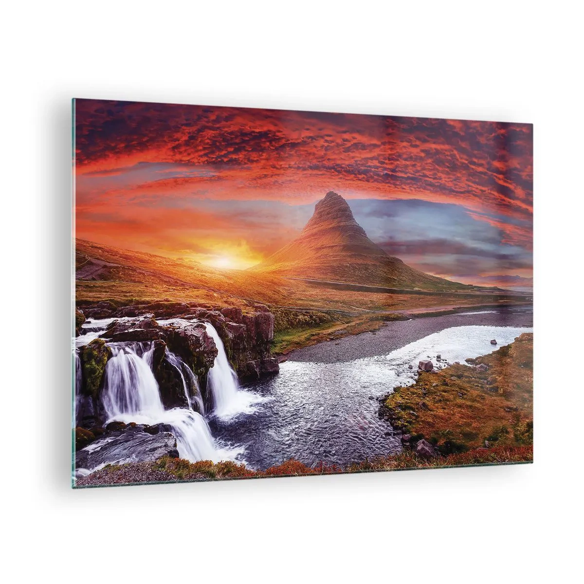 Üveg kép - Hegyi táj vízeséssel és naplementével - 70x50cm - Középfölde kilátása - Modern fali dekoráció nappalihoz és hálószobához ARTTOR