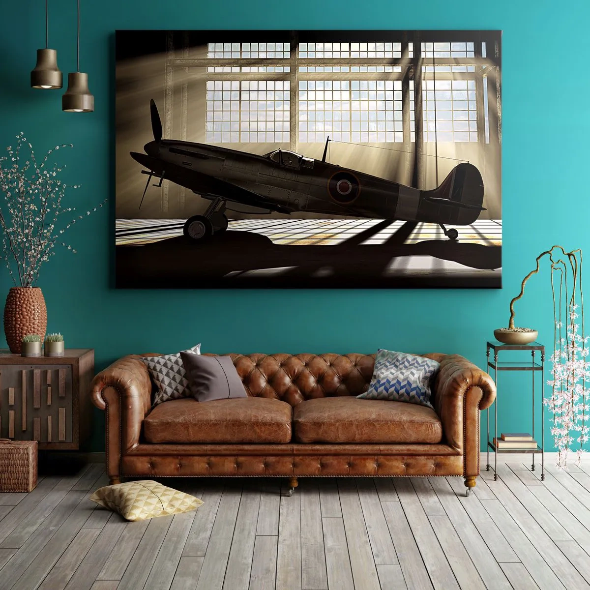 Vászonkép - Egy történelmi repülőgép egy napfény által megvilágított hangárban - 70x50cm - Harcos pihenése - Modern fali dekoráció nappalihoz és hálószobához ARTTOR