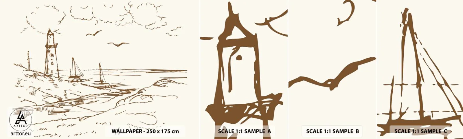 Fotótapéta Minta Öntapadós Deluxe Sticker - A nyár emlékeinek vázlata - Grafika, Tengerpart, Világítótorony - 100x30 cm