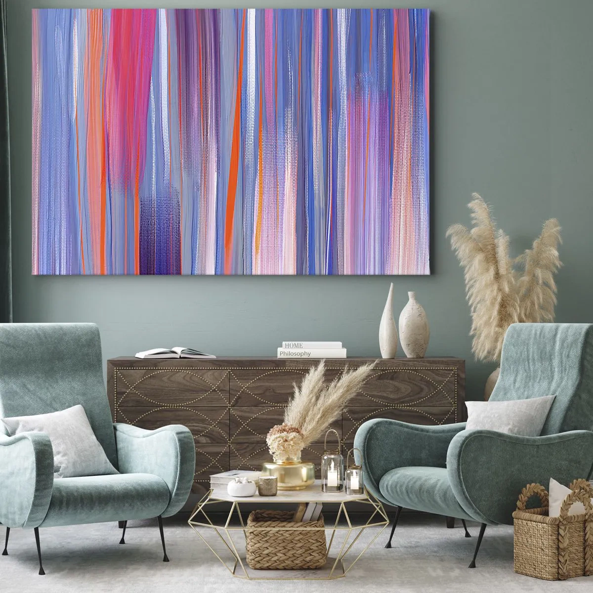 Vászonkép - Absztrakt függőleges vonalak kék és rózsaszín árnyalatokban - 70x50cm - Felemelkedés - Modern fali dekoráció nappalihoz és hálószobához ARTTOR