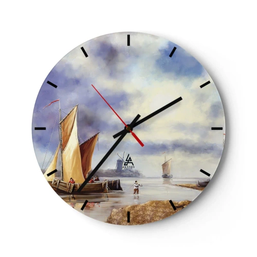 Falióra, Óra - Vitorlások nyugodt vízen, kilátással egy szélmalomra - 30x30cm - A tengerészek visszatérése - Modern fali dekoráció nappalihoz, konyhához és hálószobához ARTTOR