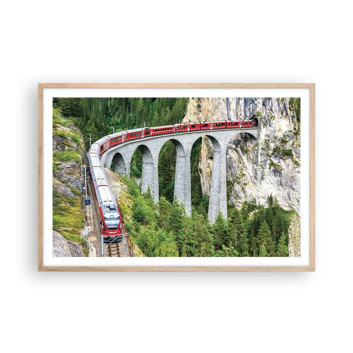 Poszter világos tölgy keretben - Vasút hegyi kilátással - 91x61 cm