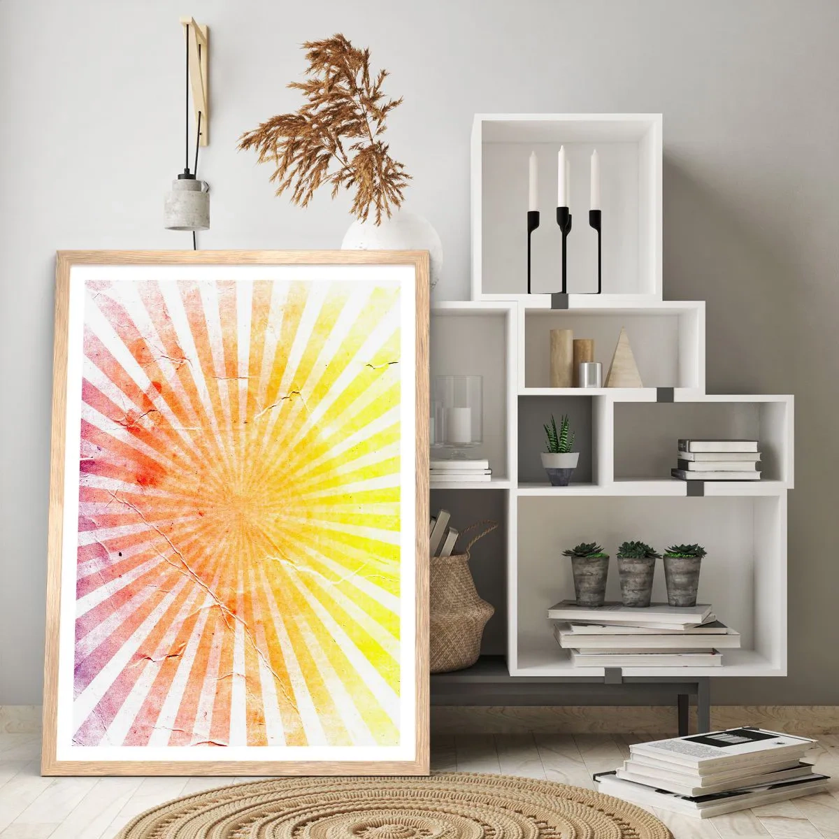 Poszter világos tölgy keretben - Napkelte és napnyugta - 70x100 cm