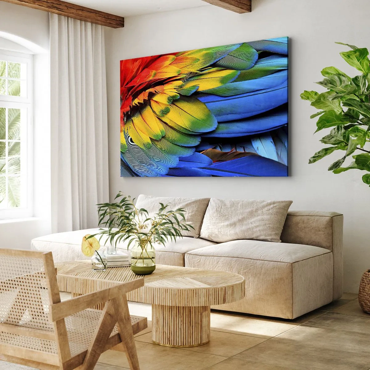 Vászonkép - Egy papagáj színes tollai közelről - 70x50cm - Paradicsom madár - Modern fali dekoráció nappalihoz és hálószobához ARTTOR