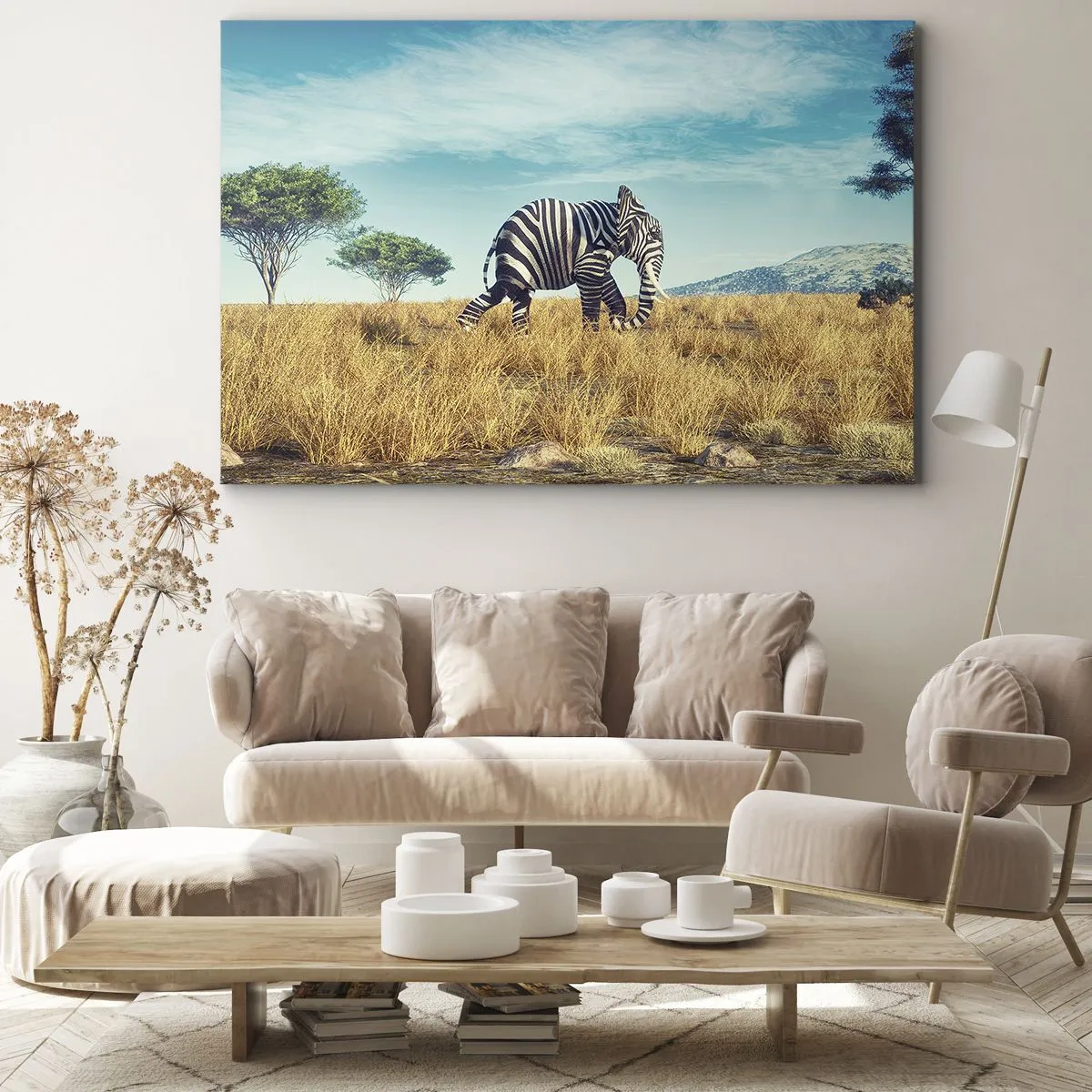 Vászonkép - Zebra egy afrikai tájban - 70x50cm - A szürke már nem menő - Modern fali dekoráció nappalihoz és hálószobához ARTTOR