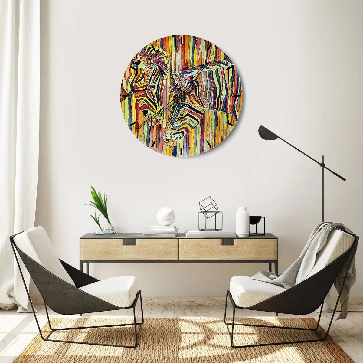 Falióra, Óra - Két zebra absztrakt ábrázolása színes csíkos háttér előtt. - 30x30cm - Szóval te is... - Modern fali dekoráció nappalihoz, konyhához és hálószobához ARTTOR