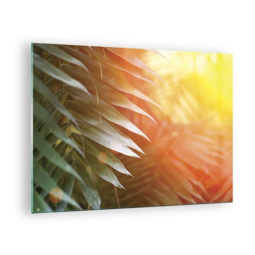 Üveg kép - Pálmalevelek a reggeli nap fényében trópusi környezetben - 70x50cm - Reggel a dzsungelben - Modern fali dekoráció nappalihoz és hálószobához ARTTOR