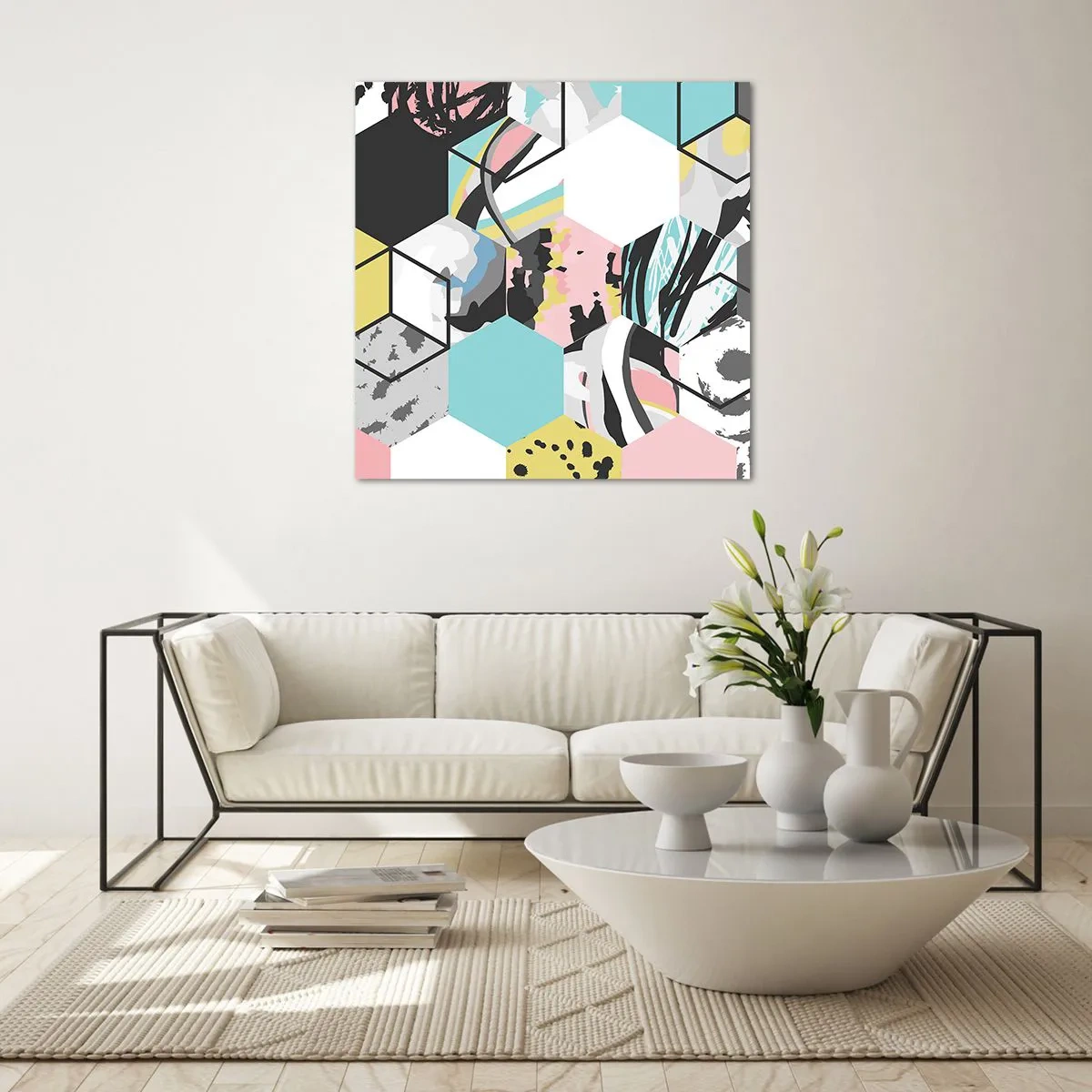 Üveg kép - Hatszögek és kockák hat színben - 70x70 cm