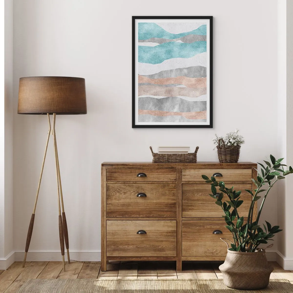 Poszter fehér keretben - Minimalista hullámok kék és bézs árnyalatokban - 50x70cm - A meghittség tanulmánya - Modern fali dekoráció nappalihoz és hálószobához ARTTOR