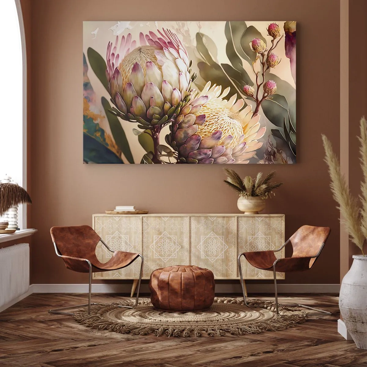 Vászonkép - Színes protea virágok finom háttéren - 70x50cm - Gyengéden átölelve - Modern fali dekoráció nappalihoz és hálószobához ARTTOR