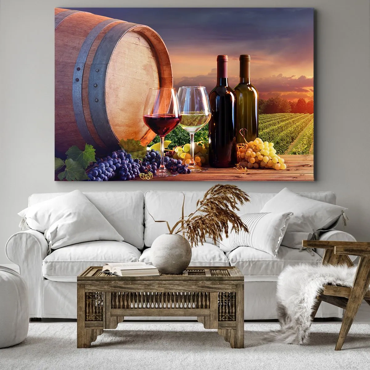 Vászonkép - Bor, poharak és egy hordó festői tájban - 70x50cm - Az életnek itt íze van - Modern fali dekoráció nappalihoz és hálószobához ARTTOR