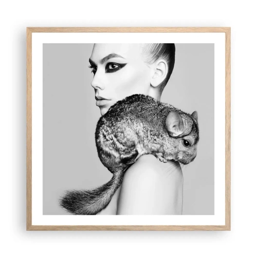 Poszter világos tölgy keretben - Hölgy csincsillával - 60x60 cm