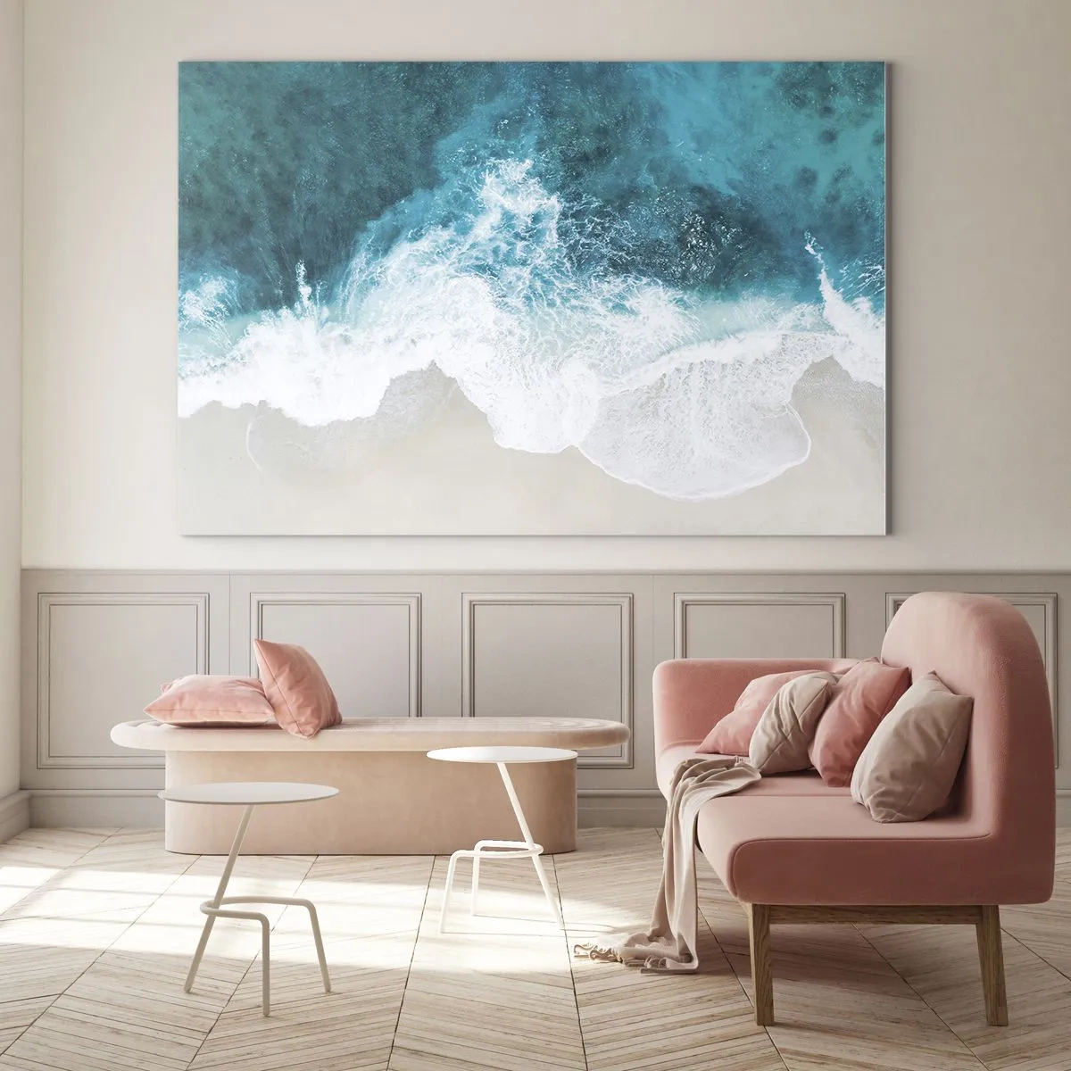 Üveg kép - Légi felvétel a partnak csapódó tengerhullámokról - 70x50cm - Természetes simogatás - Modern fali dekoráció nappalihoz és hálószobához ARTTOR