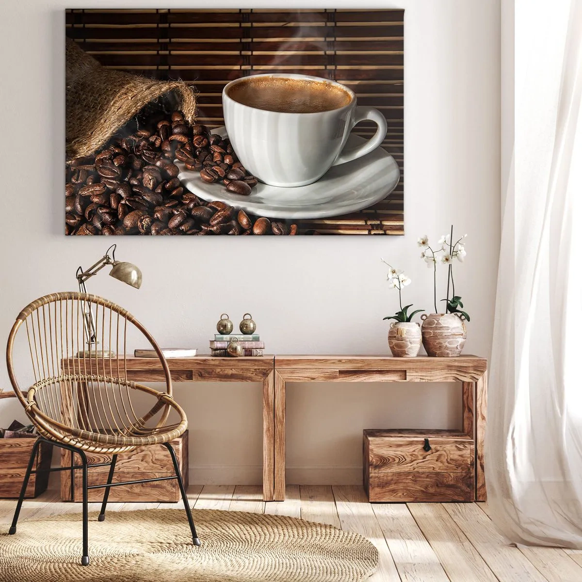 Vászonkép - Egy csésze kávé babbal, bambusz alapon - 70x50cm - A szén feketesége, a borostyán tisztasága - Modern fali dekoráció nappalihoz és hálószobához ARTTOR