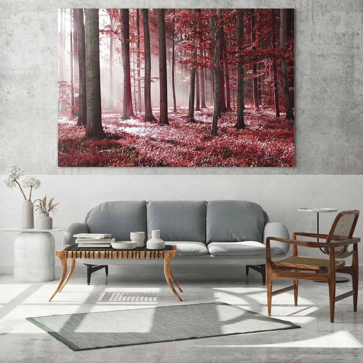 Üveg kép - Őszi erdő vörös színekben és reggeli ködben - 70x50cm - A piros különösen szép - Modern fali dekoráció nappalihoz és hálószobához ARTTOR