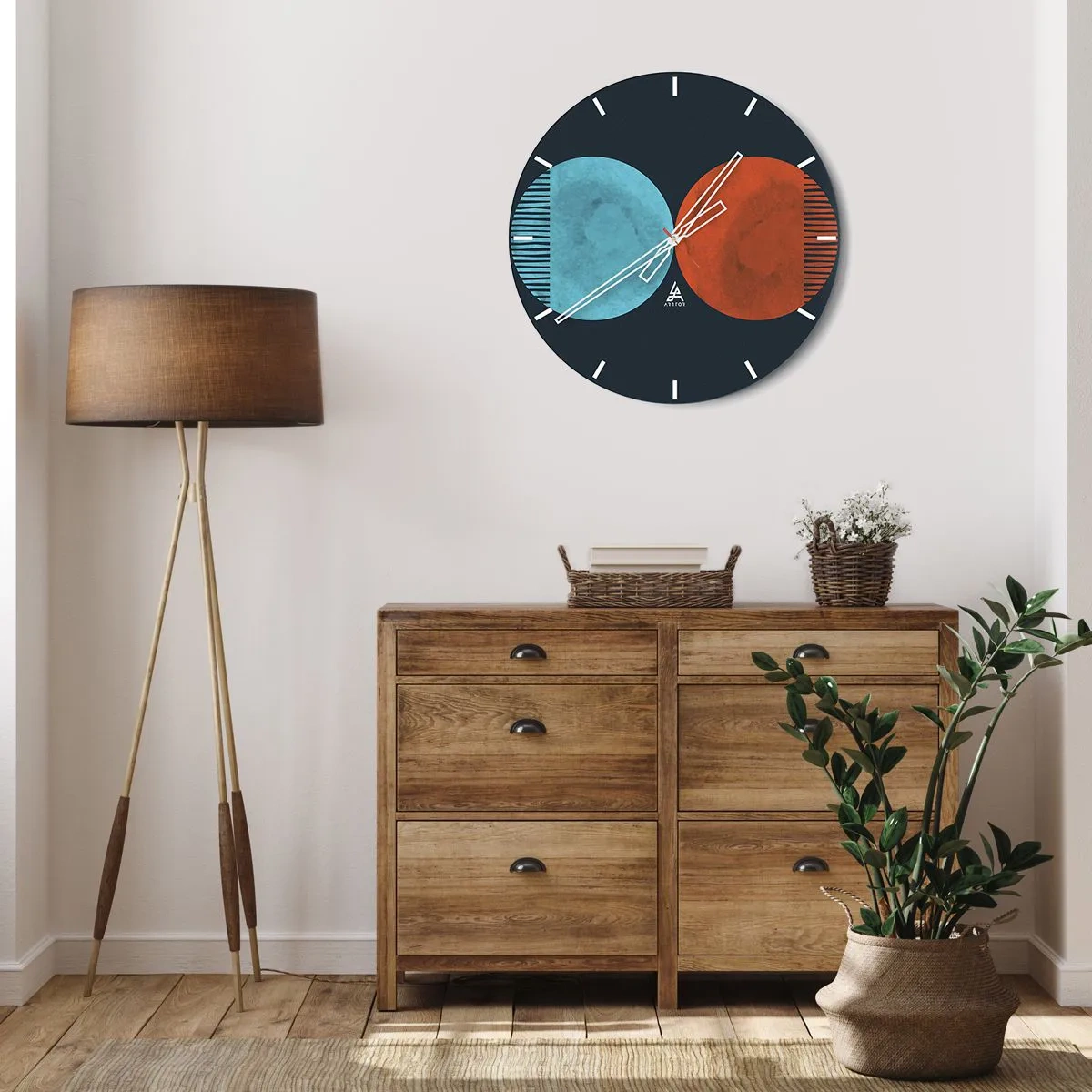 Falióra, Óra - Kék és piros körök kombinációja geometrikus vonalakkal - 30x30cm - Csak a geometria? - Modern fali dekoráció nappalihoz, konyhához és hálószobához ARTTOR